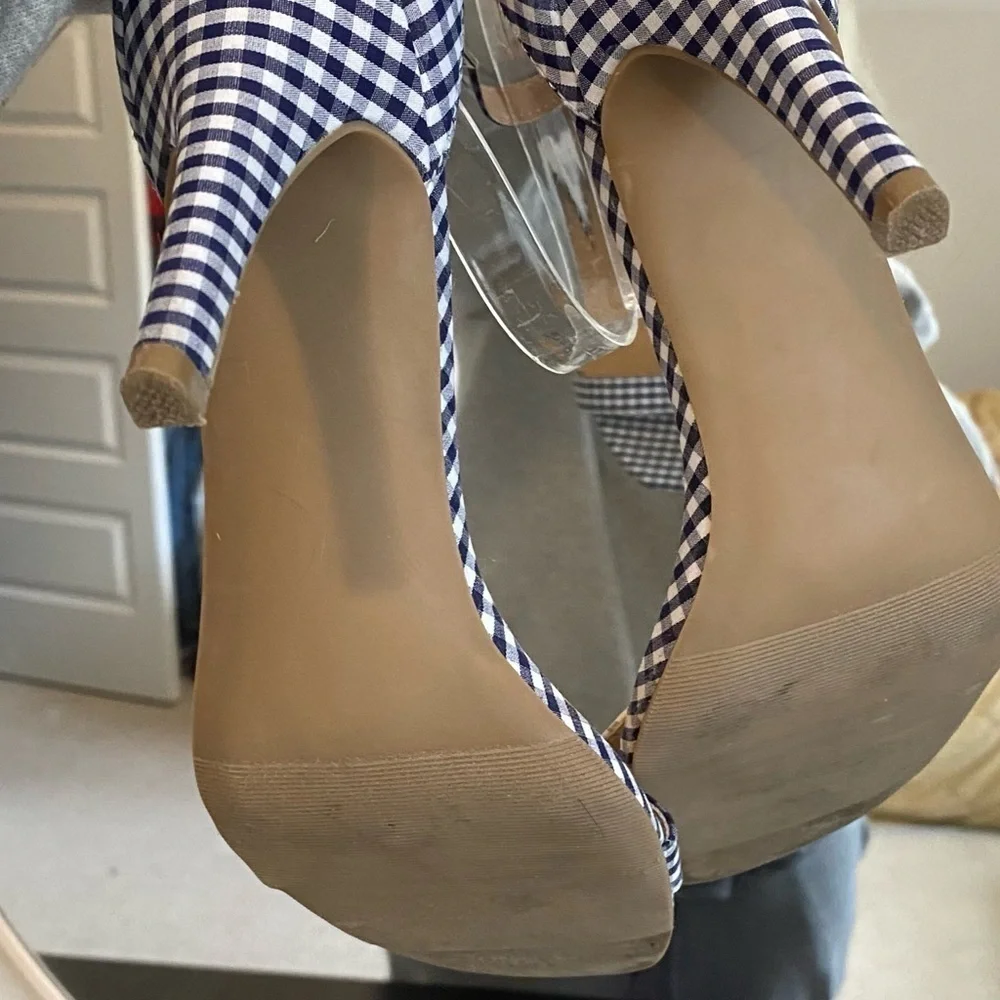Material Girl Gingham Checkered Plaid Heels Size 9 Navy Blue White Coquette